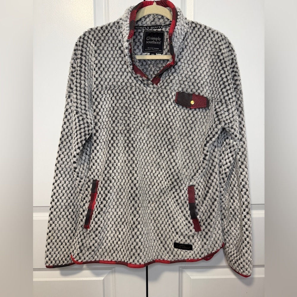 Simply Southern Gray Sherpa Pullover Snap Neck Fleece Jacket Large